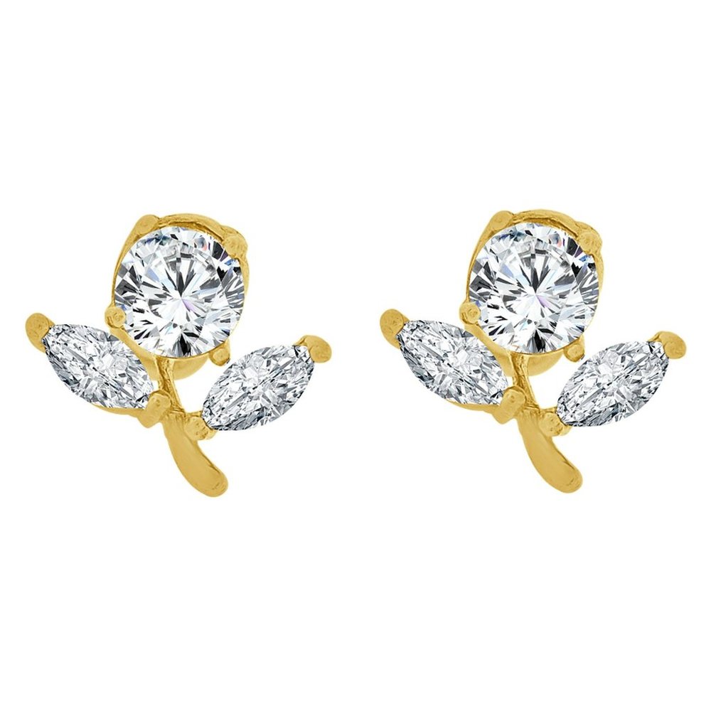 Flower Stud Screw Back Earring Cubic Zirconia Yellow Gold 14k